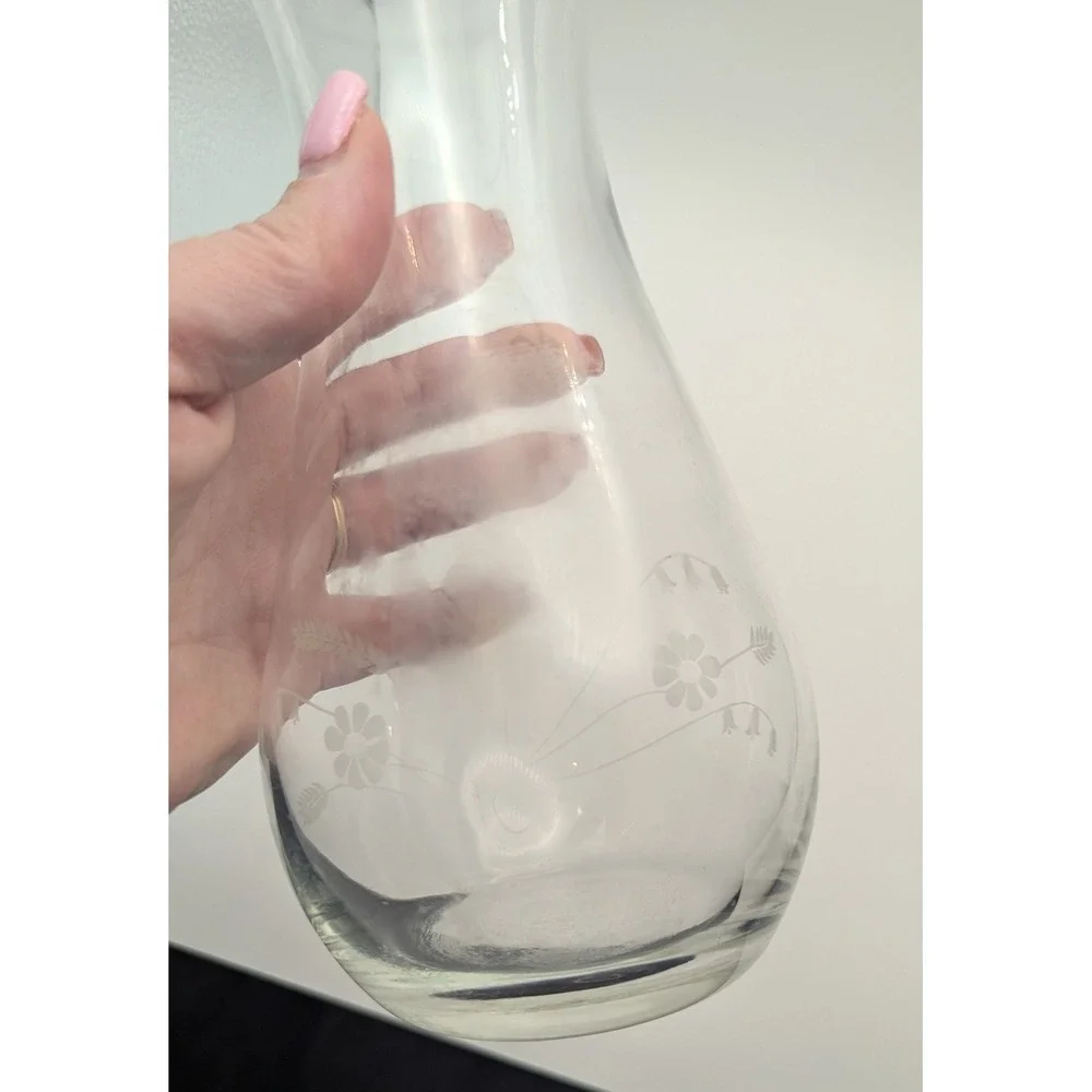 Vintage Etched Clear Glass Bud Vase Daisy‎ Floral Design Hourglass Shape 8